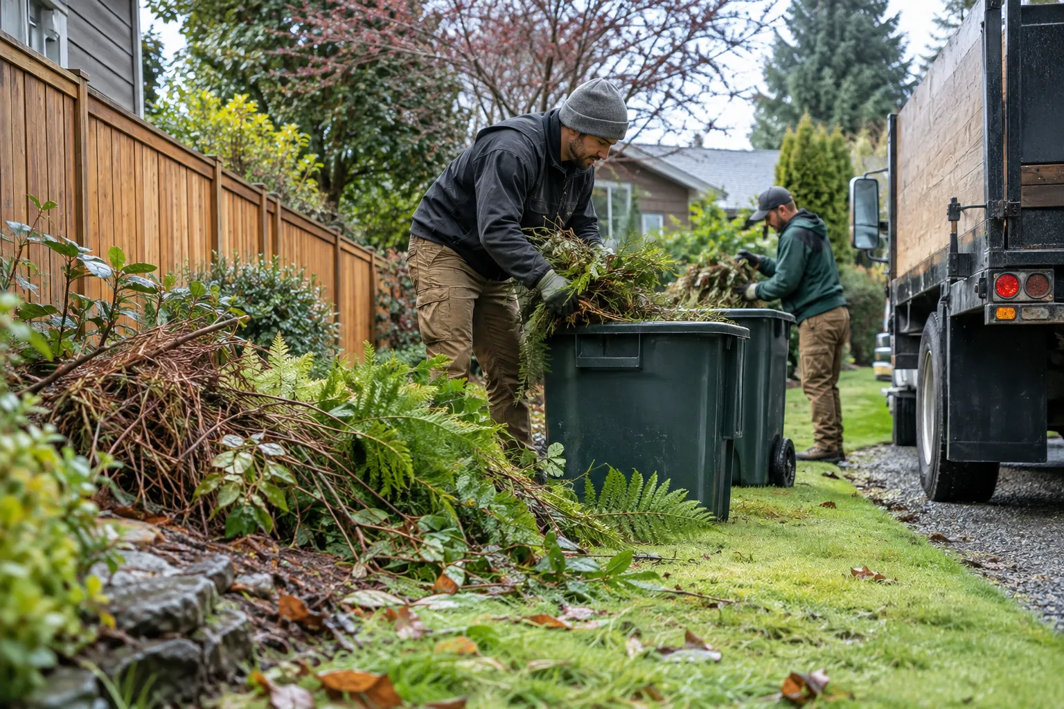 Workers gathering brush beside a hauling truck